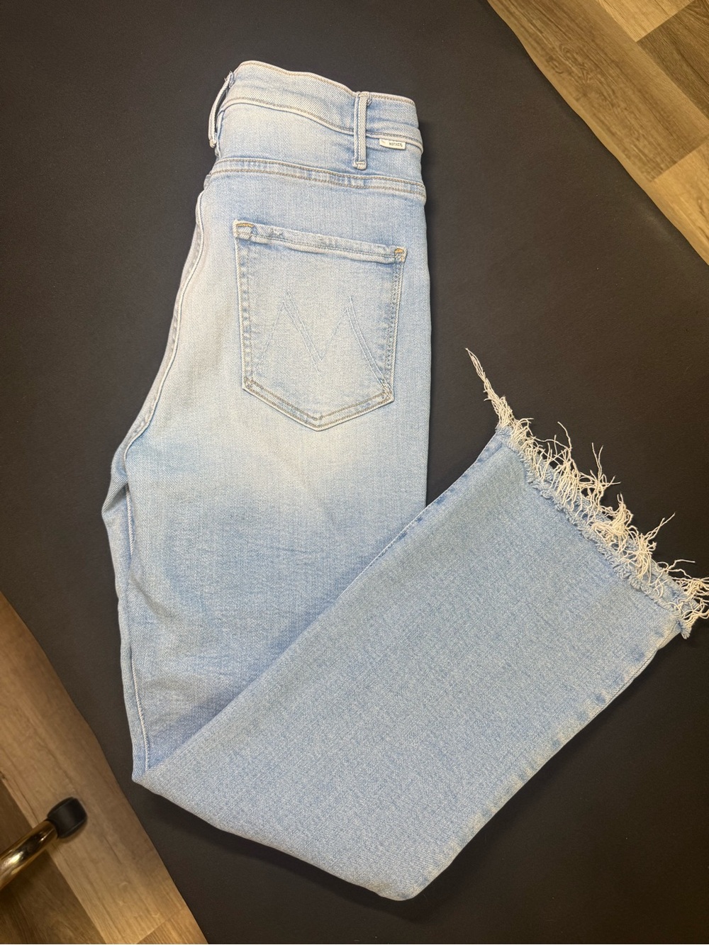 MOTHER Light Blue Straight Leg Jeans with Frayed Hem